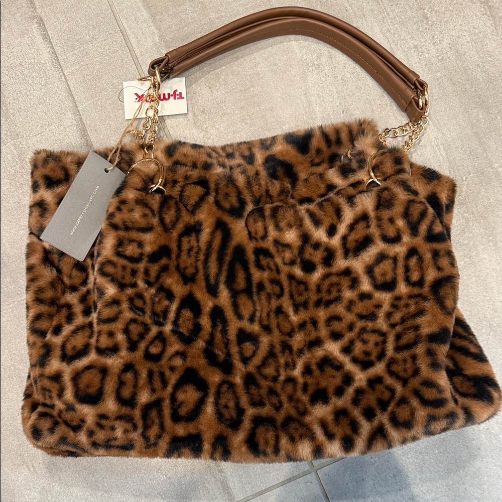 Faux Fur Leopard Print Tote Bag - Brown